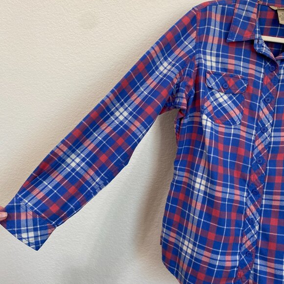 Duluth Trading Co Women's Crosscut Wicking Flannel Shirt Medium Blue Pink Plaid - Picture 5 of 6